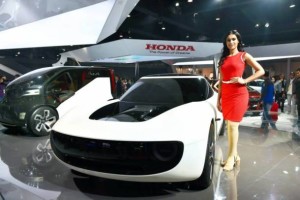RPT with correction...Greater Noida: A model poses next to a concept car at auto major Honda's stall at the Auto Expo 2018 in Greater Noida on Wednesday. PTI Photo by Vijay Verma (PTI2_7_2018_000022B)